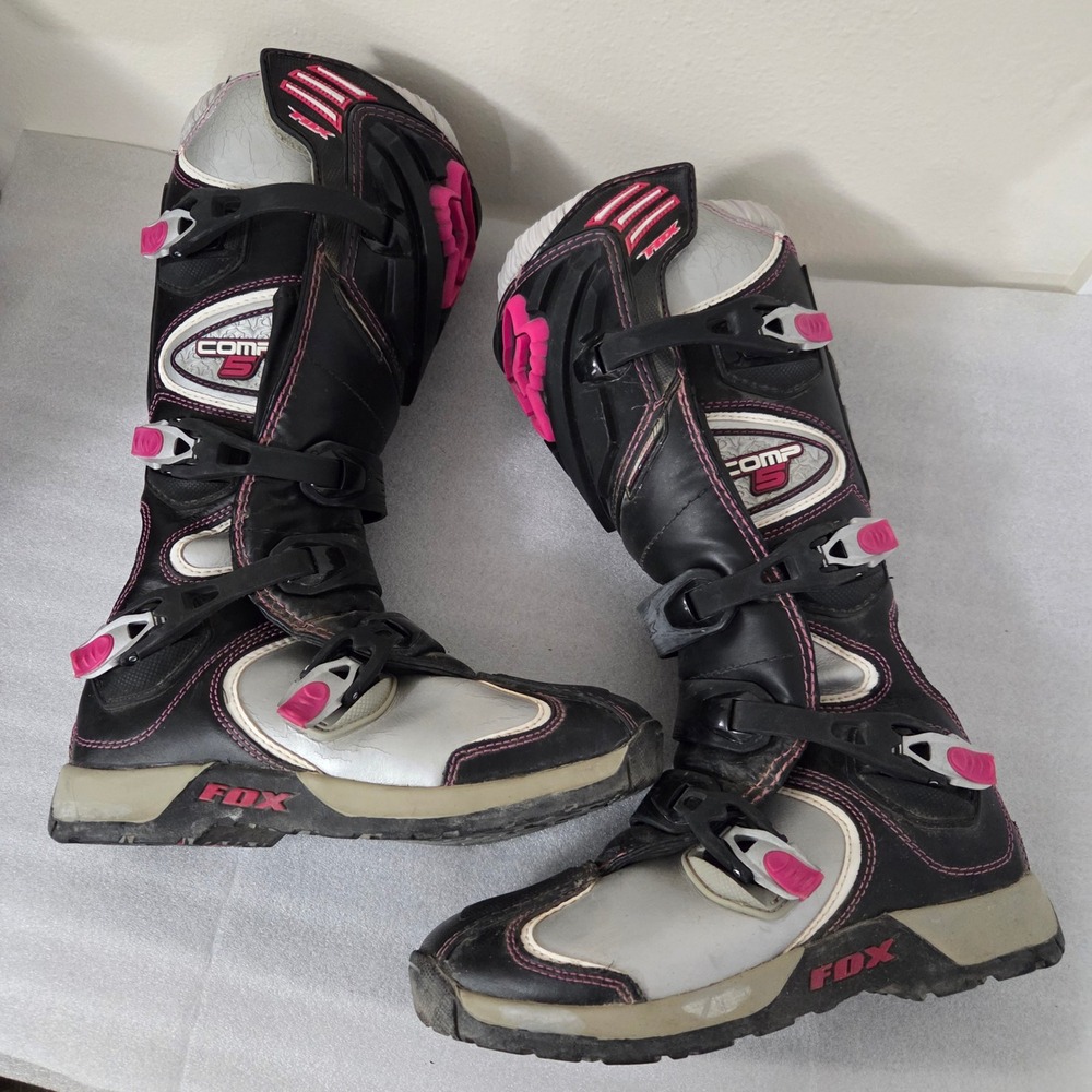Fox Racing Comp 5 Womens Motocross Boots Black Silver Pink Size 10 EU 42.5